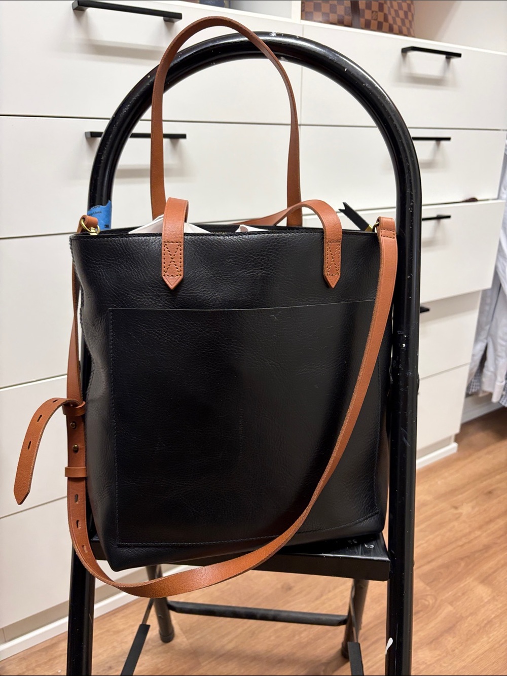 Madewell black leather bag with tan straps